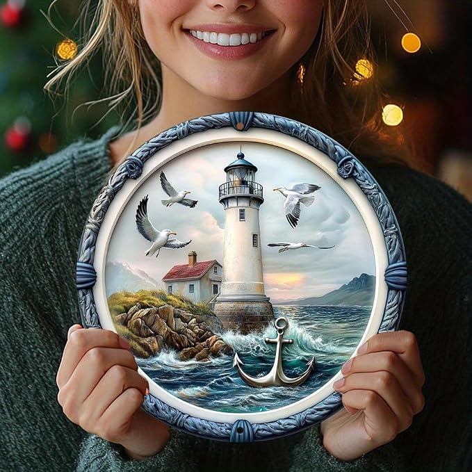 1pc Vintage Lighthouse Aluminum Wall Art Sign - Seagulls and Ocean Theme Metal Decor - Weatherproof, No Battery Needed - Ideal for Home, Fits Christmas, Valentine'S Day8x8 inches