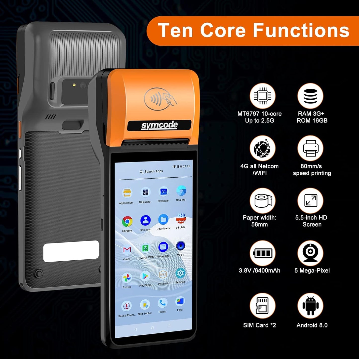 Symcode Mobile POS Terminal - High-Resolution Handheld Receipt Printer | Android 8.1, 4G, WiFi, Bluetooth, NFC
