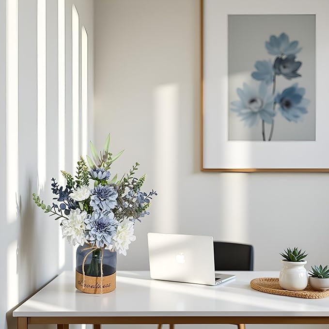 LADADA Fake Flowers in Vase,Silk Dahlias in Vases,Flower Arrangements for Table,Used for Home Office, Bathroom, Kitchen Decoration Et