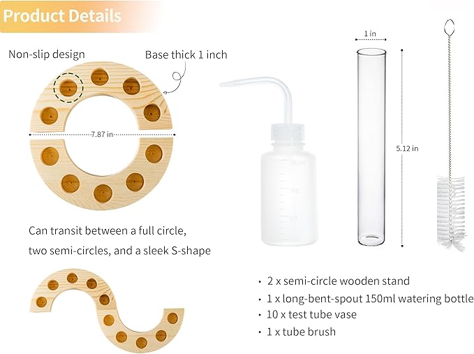 Melphoe Glass Bud Vases Small Flower Vase for Centerpieces Wedding Table Decorations, Home Decor, Propagation Station Plant Terrarium with Wooden Stand, Unique Plant Lover Gifts for Women (Beige)