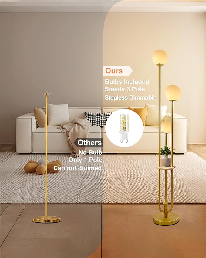 63IN Dimmable Floor Lamp with Shelf, Unique Globe Gold Tall Standing Lamps, 3000K Warmwhite Mid Century Modern Floor Lamp with 5Lbs Heavy Base for Living Room Home Office(Bulbs Included)