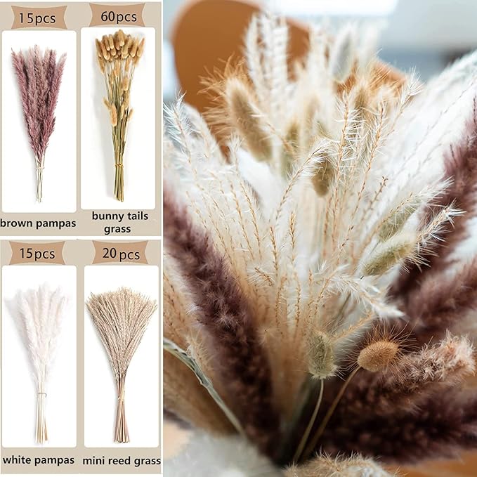 Dried Pampas Grass Decor 110 PCS Dried Plants,Dried Flowers Natural pompas Floral for Wedding, Boho Decor , Home, Rustic Party, Baby Shower Arrangement Centerpiece Table Decorations