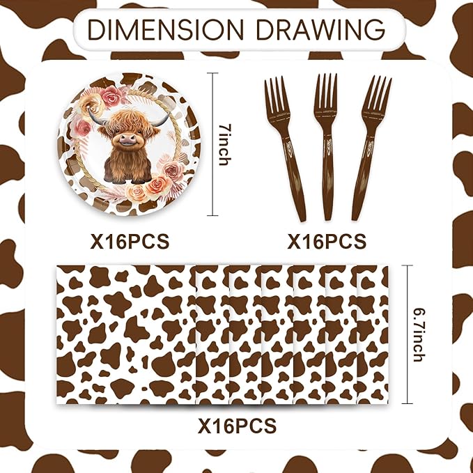 48pcs Highland Cow Party Decoration Set,16 Dessert plate,16 Napkin And 16 Fork,16 persons Highland Cow Baby Shower Disposable tableware,Used Holy Cow Baby Boy Birthday Party Supplies