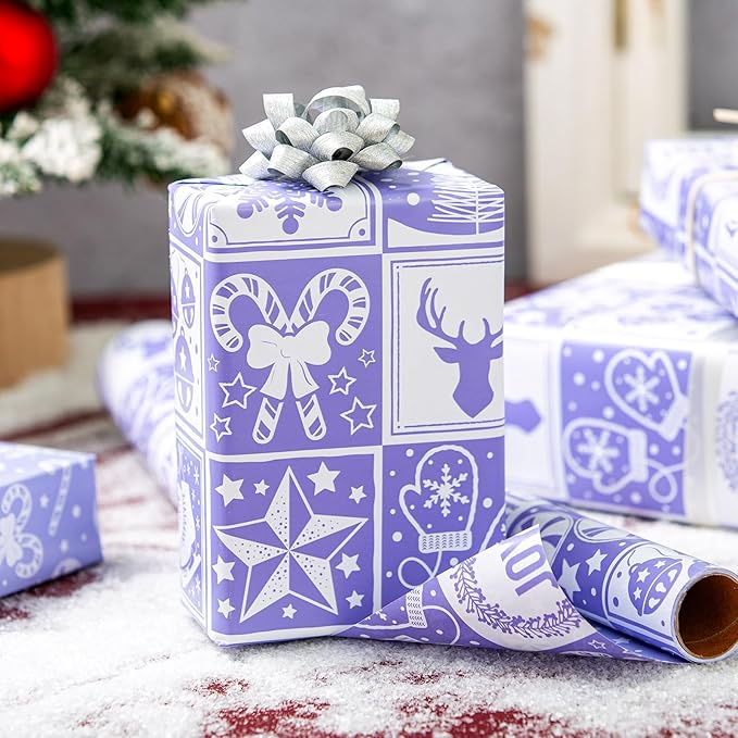 MAYPLUSS Christmas Wrapping Paper Roll, Light Purple Wrapping Paper, Girly Bell, Tree, Candy Canes Christmas Themed Wrapping Paper for Girl Holiday Gift Packaging (17 Inch X 16.5 Feet)