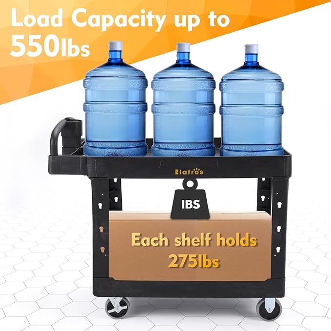 ELAFROS Extra Large Heavy Duty Plastic Utility Work Cart 43.5 x 24.6 Inch – 2 Tier Work Cart with Deep Tub Shelves, Ergonomic Handle, 5 Inch Casters, 550 lbs Capacity, Black