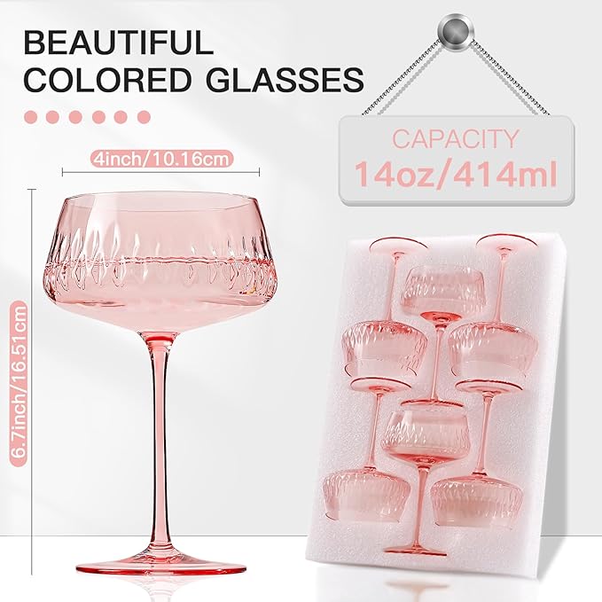JOVGANK Pink Martini Glasses Set of 6, Hand Blown Cocktail Glass 14Oz, Large Vintage Champagne Coupe Glasses, Crystal Retro Style Bar Party Wedding Gift for Ice Cream Dessert