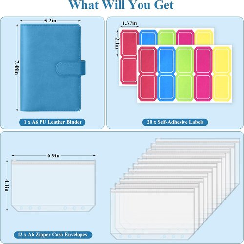 Antner A6 Budget Binder - Zipper Cash Envelopes for Money Organization | PU Leather Planner in Sky Blue