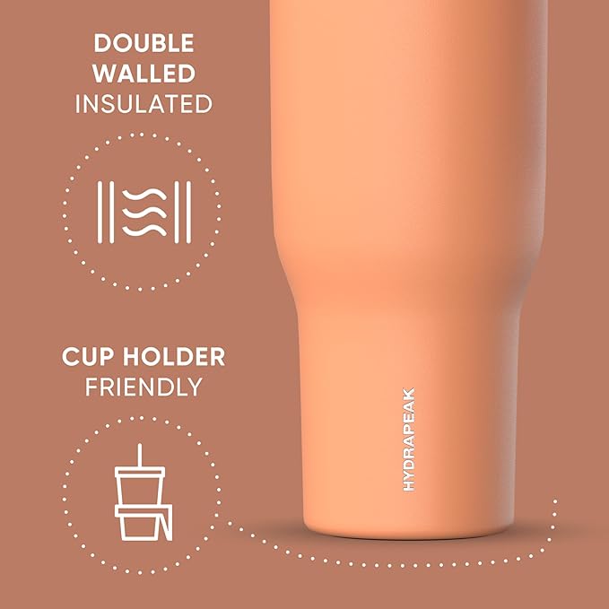 Hydrapeak Voyager 40 Oz Stainless Steel Tumbler with Handle, Insulated Water Bottle With Straw & Lid, Cupholder Friendly Reusable Travel Mug (Apricot Crush)