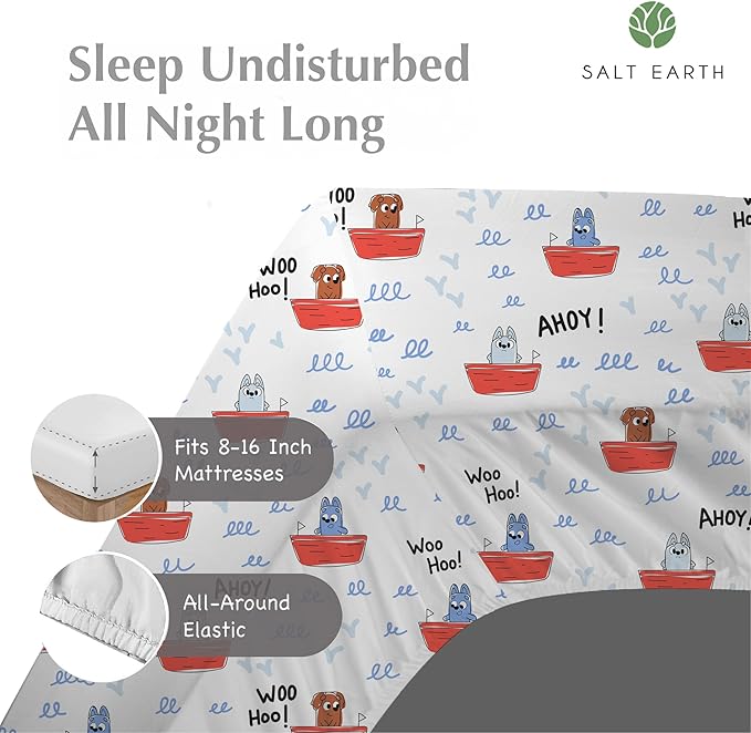 Salt Earth 100% Cotton 210TC Kids Bedsheet, Twin Sheets Set for Toddler Bed, 3 Piece Bedding Set Including Flat Sheet, Fitted Sheet, and Pillowcase, Themed Cute Sheets for a Playful Kids Bed (Ahoy)