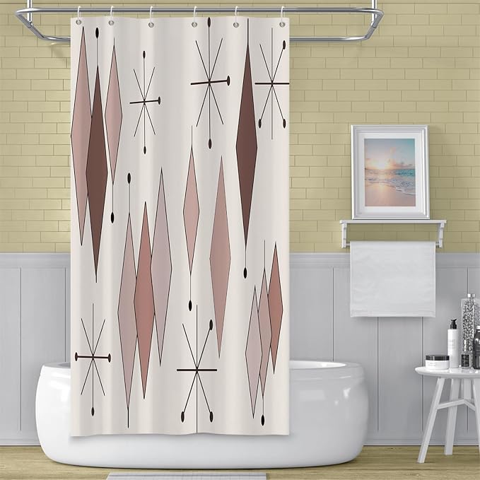 Mid Century Shower Curtain Abstract Light Brown Diamond Geometric Atomic Starburst Pattern Beige Backdrop for 1950s Retro Bathroom Decor Shower Curtain Set with 12 Hooks, 36x72 Inches