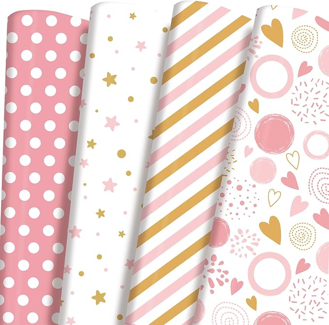 PlandRichW Birthday Wrapping Paper Folded for Girls, Women, Baby, Pink Wrapping Paper, Pink Gift Wrap for Birthday, Valentines, Christmas, Wedding, Baby Shower, Pre-cut 12 Sheets Each 20"X 29"