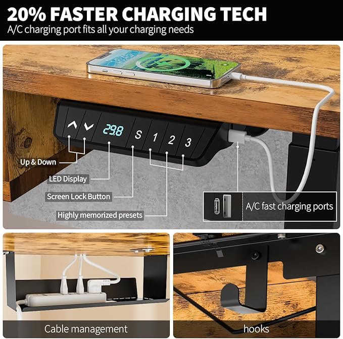 Kingant Standing Desk with Fast Charging USB Ports, 48" x 30" Height Adjustable Home Office & Gaming Desk, Sit Stand Desk with Built-in Storage Shelf, Hook & Ergonomic Design(Rustic Brown)