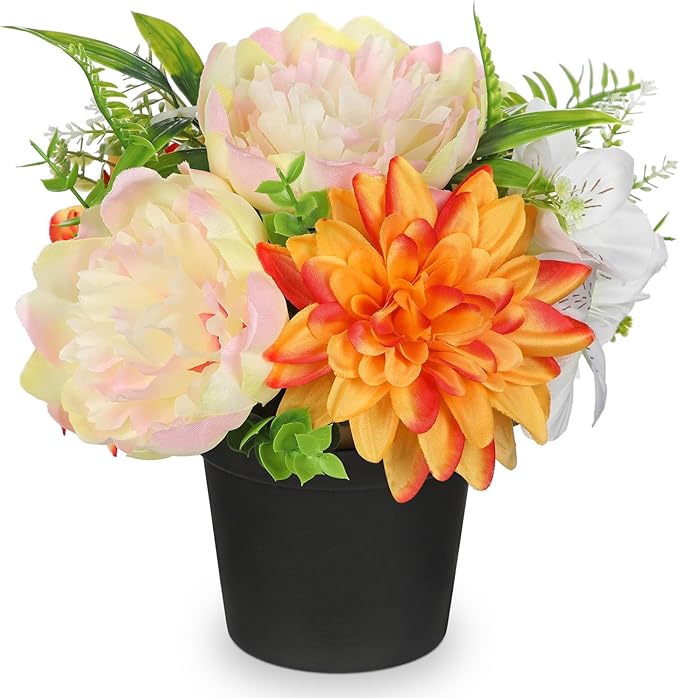 Yellow Artificial Flowers Small Fake Flowers in Vase Peonies Dahlia Tiger Lily Potted Silk Flower Arrangements Faux Plants & Flowers Home Bathroom Kitchen Table Centerpieces Desk Decor