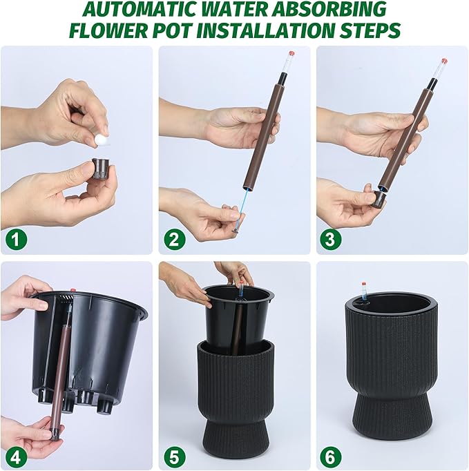 14.2" Tall Planters Set of 2, Plant Pots, Self Watering Pots for Indoor Plants, Flower Pots with Built-in Drainage and a Water Level Monitor, for Patio, Porch, Living Room, or Office, Black