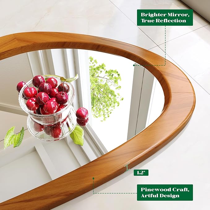 Asymmetrical Wall Mirror, 23x36 Inch Mid Century Modern Mirror, Irregular Wall Mirrors with Pine Wooden Frame for Living Room Bedroom Bathroom Entryway Hangs Horizontally or Vertically