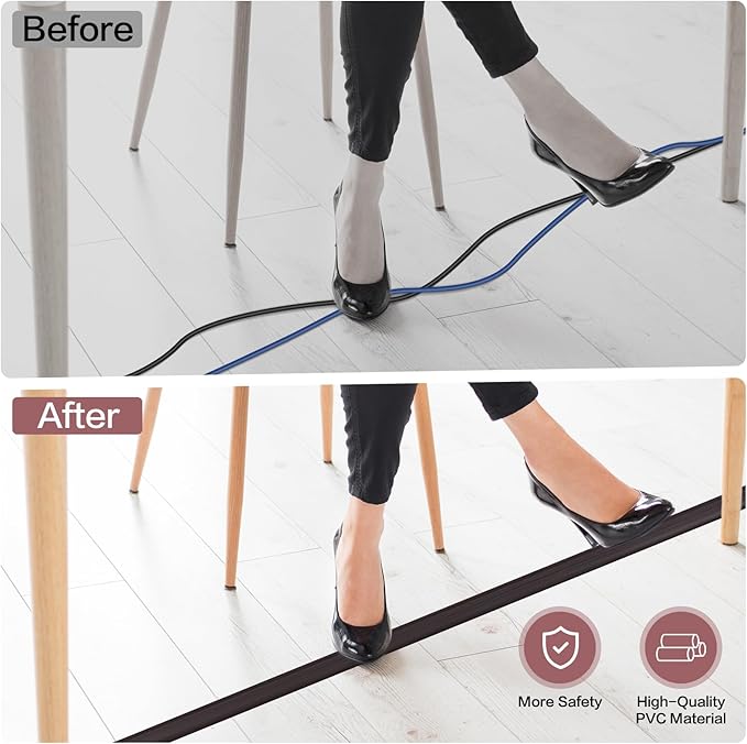 Floor Cord Cover Self Adhesive Cord Hider Floor Extension Cord Covers for Floor Power Cord Protector Cable Management Prevent Cable Trips Cable Cavity 0.59" W x 0.31" H (Dark Walnut, 10Ft)