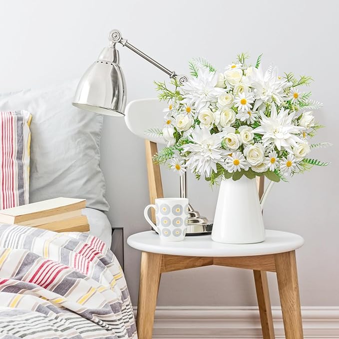 2PCS Artificial Flowers Dahlia Bouquet Fake Flowers White Silk Roses Daisies Faux Floral Arrangements for Dining Table Centerpieces for Kitchen Bridal Bouquet Wedding Party Home Decor