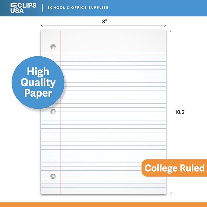 Loose Leaf Paper College Ruled Notebook Paper College Ruled Lined Writing Filler Paper 10.5” x 8” 3600 Sheets 150 Sheets Per Pack 60 gsm (24 Pack)