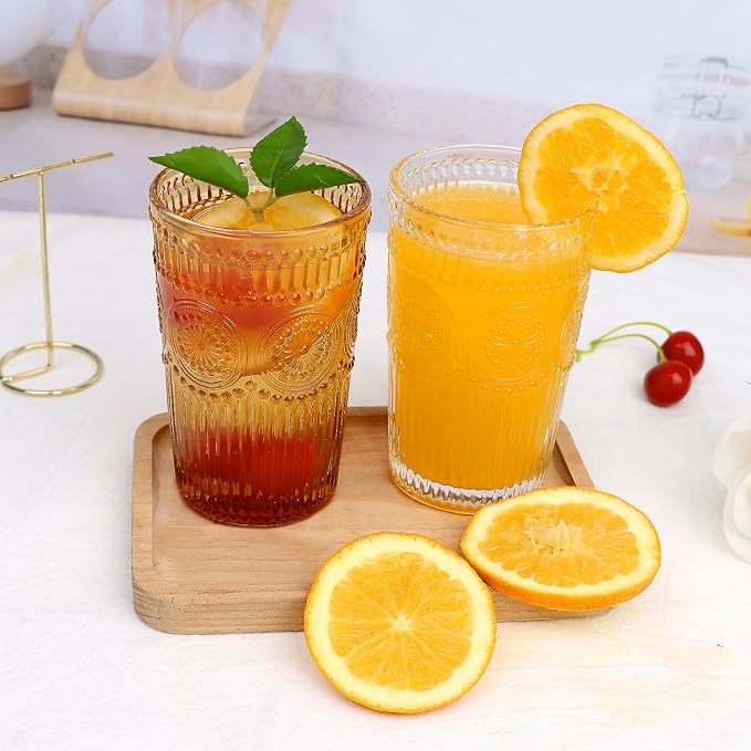 Loivttvv 6pcs Vintage Drinking Glasses Set, 12 oz Amber Highball Glasses, Embossed Ribbed Glassware Cups for Thanksgiving Cocktail, Juice, Whiskey