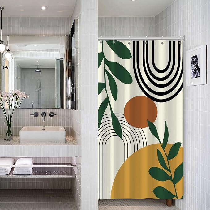 Boho Geometric Shower Curtain Beige Mid Century Abstract Arch Curve Bathroom Curtain Minimalistic Sun Shower Curtain Sets for Bathroom Extra Long 54x72 in with 10 Hooks