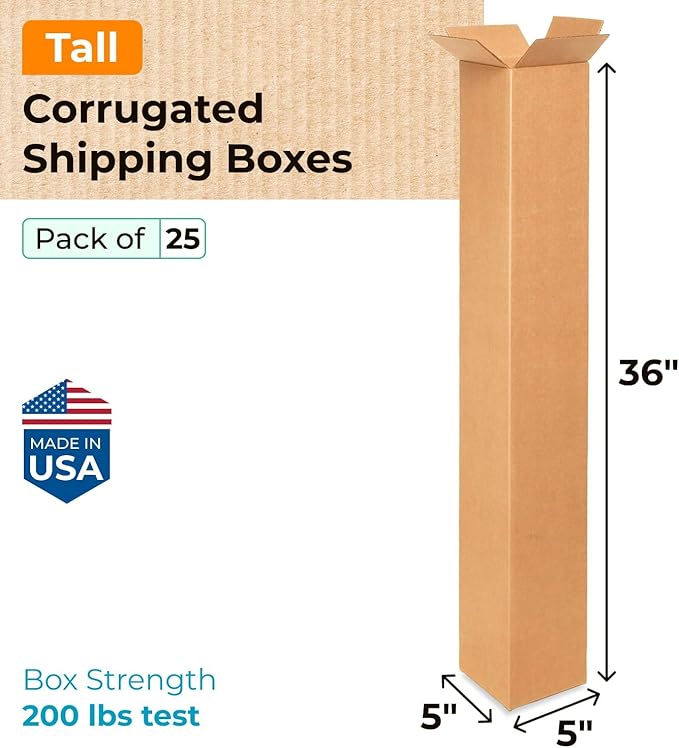Tall Moving & Shipping Boxes 5"L x 5"W x 36"H (25-Pack) - Extra Strength 200 lb vs Regular - Corrugated Cardboard Box, Made in USA - Strong Box for Shipping - Pack of Moving Box by IDL Packaging