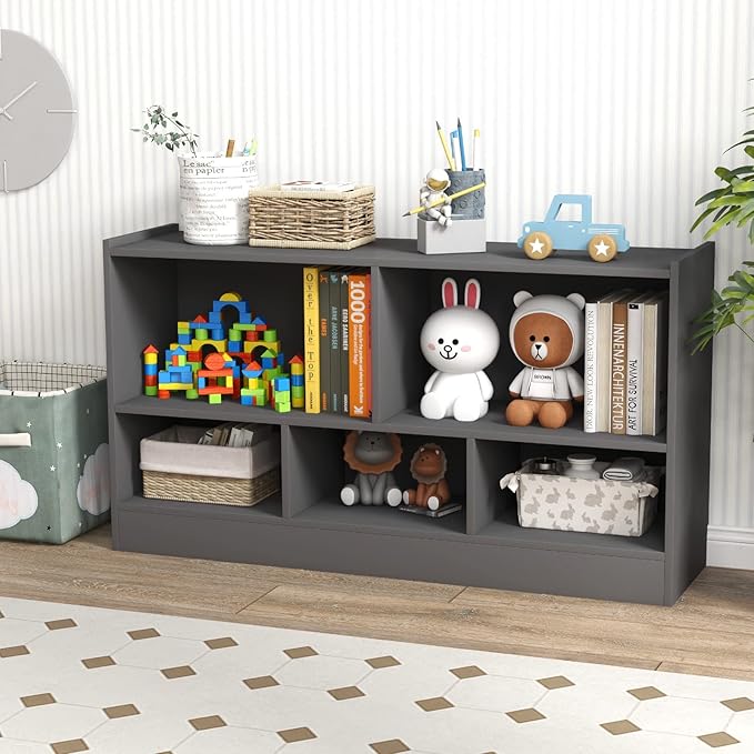 Toy Storage Organizer, 2-Tier Kids Bookshelf, 5 Cube Kids' Bookcases, Cabinets & Shelves, Wooden Toy Organizers, Small Book Shelf for Bedroom, Playroom, Classroom, Nursery (Gray)