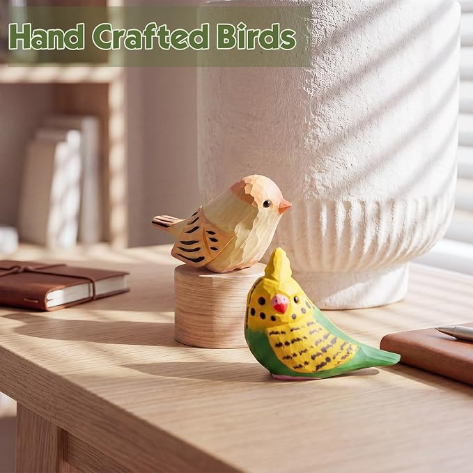 Novabright Hand-Carved Wooden Bird Statue Set of 4, Colorful Lifelike Miniature Figurines for Home Decor, Shelf Accents, Rustic Table Decorations & Bird Lover Gifts