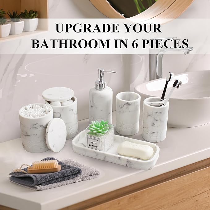 LIN CHUAN 6-Piece Bathroom Accessories Set, Organizer Set with Soap Dispenser, Toothbrush Holder Set, Vanity Tray, Tumbler & 2 Cotton Swab Jars – Modern Stylish Bathroom Storage(Marble White)