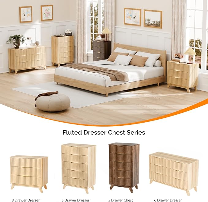 VINGLI Fluted Tall Dresser 5 Drawer, 23.66" W Chest of Drawers, Walnut Wood Dresser for Bedroom Mid Century Modern with Rounded Edge, 23.66" W*15.59" D*44.88" H