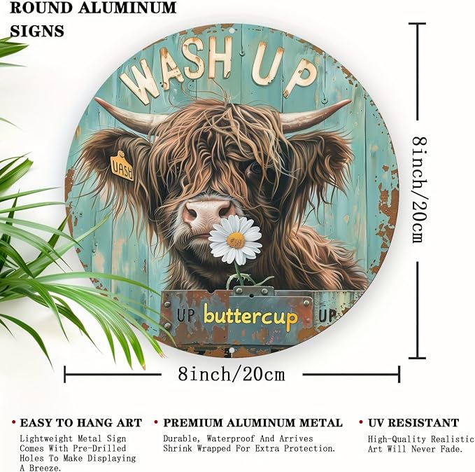 Round Aluminum Highland Cow Wall Art Sign with Daisy - Waterproof, UV Resistant Wash Up Buttercup Metal Poster Board for Cafe, Bedroom, Bar, Living Room Decor, 8x8 inch