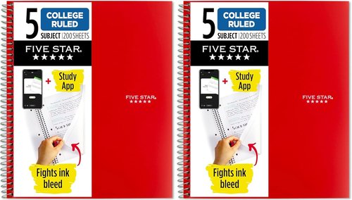 Five Star Spiral Notebook - 5 Subject College Ruled, 200 Sheets, Water Resistant Cover, Fire Red | 8.5" x 11" (Pack of 2)
