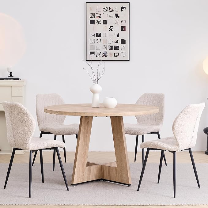 47" Round Dining Table Set for 4 with Chairs Kitchen Table and Chairs Set Mid-Century Modern Chair with Metal Leg for Apartment Living Room(Natural Table with 4 Beige Chairs)