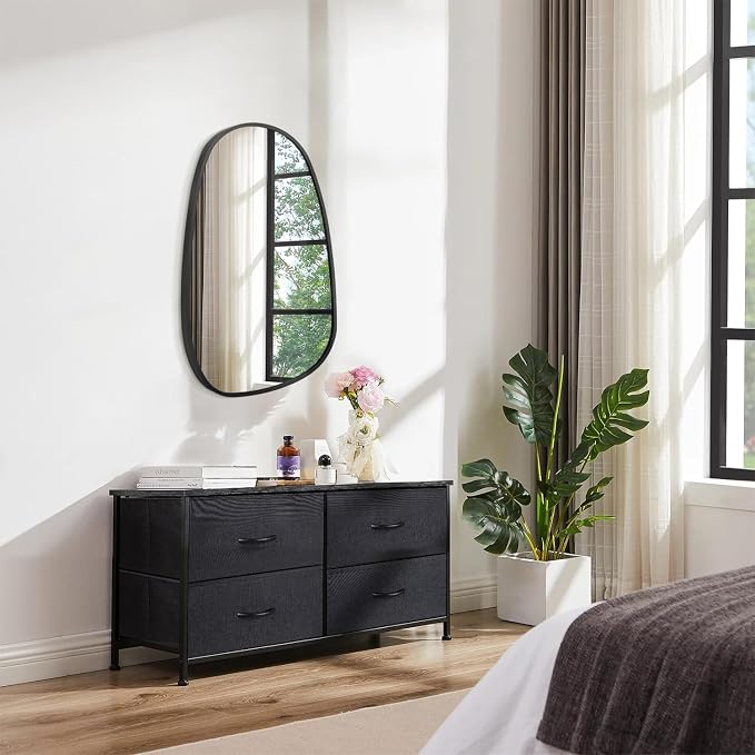 Black Irregular Bathroom Mirror for Wall, Aluminum Alloy Frame Asymmetrical Mirrors Brushed Metal Vanity Wall Mounted Mirror for LivingRoom Bedroom Room Home Decor Large 26"x14"