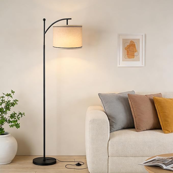Ambimall 60" Floor Lamp for Living Room with 3 Color Temperatures, Beige Lampshade with Black Stripes, Tall Lamp for Bedroom Office, 9W Bulb Included