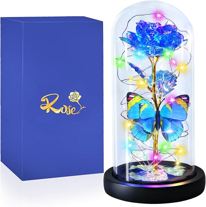 Blue Butterfly Rose Flower Birthday Gifts - Women Gifts for Her Valentines Mothers Day Anniversary Christmas Thanksgiving - Light Up Rose Flower Gifts for Mom Wife Grandma Sister Girlfriend Lady Girl