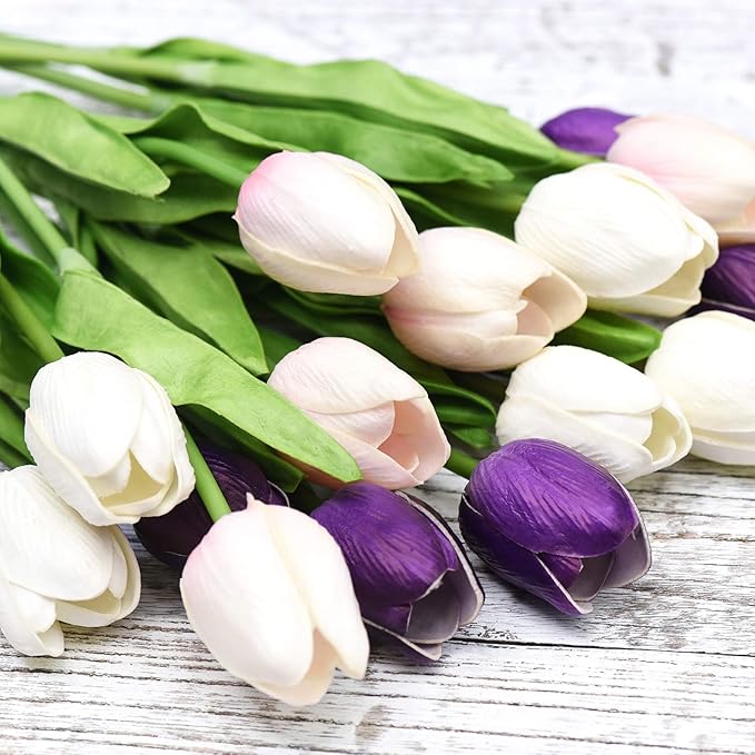 FiveSeasonStuff Real Touch Tulips Artificial Flowers – 15 Stems Faux Tulip Bouquet in Gift Box for Wedding, Home Decor, Party, Floral Arrangements (Beyond Purple)
