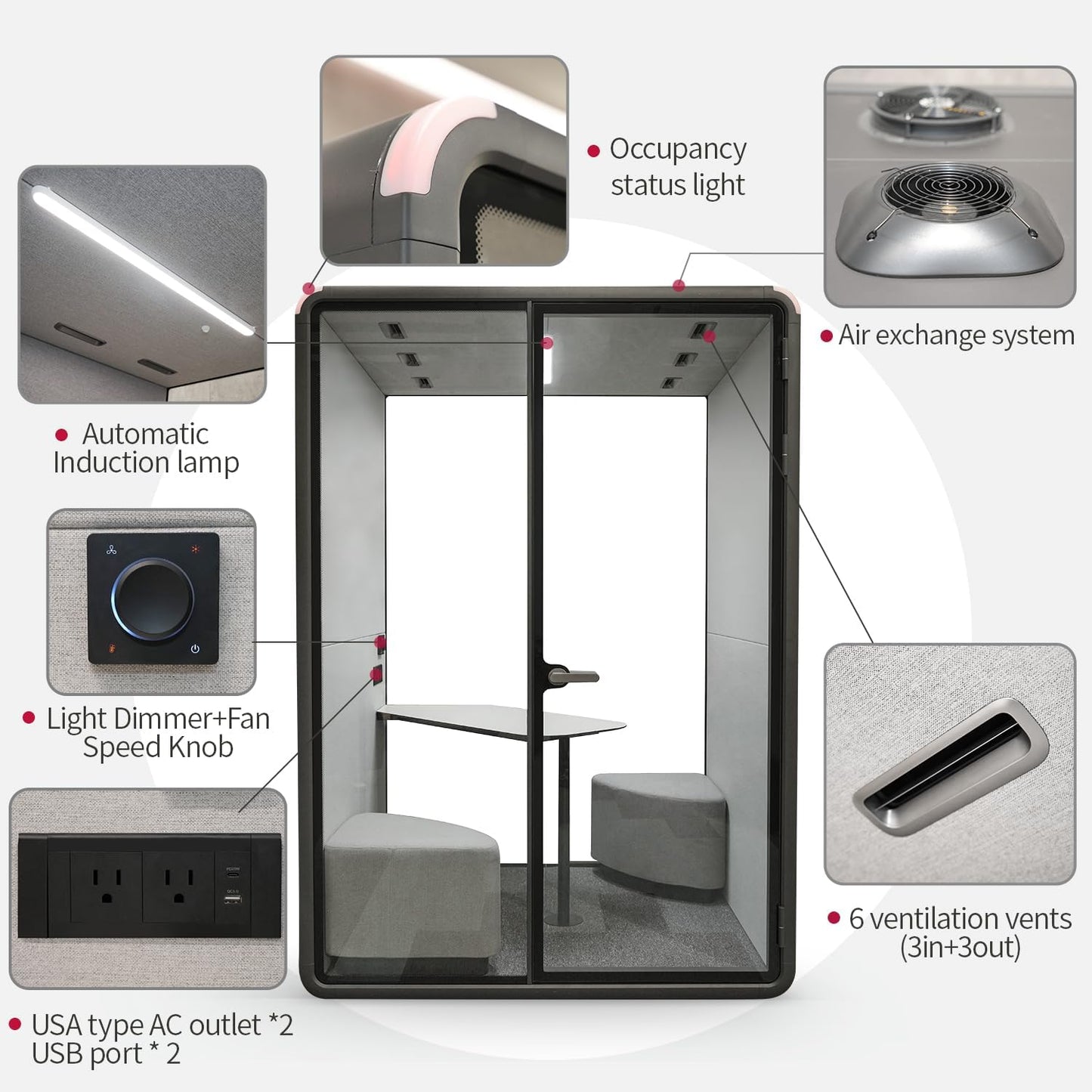 Soundproof Office Pod Booth - Black 2-Person Meeting Pod with Acoustic Panels | Portable Privacy Workspace H92in W63in D55in