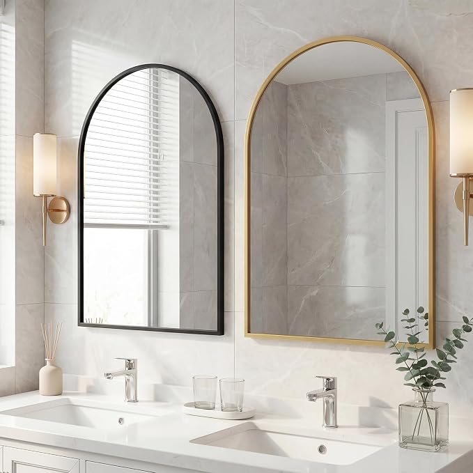 Arched Gold Bathroom Mirrors for Wall, 26x38-Inch Bathroom Mirror for Over Sink, Wall Vanity Mirror with Matte Metal Frame and HD Shatter-Proof Glass for Entryway, Living Room, Bedroom
