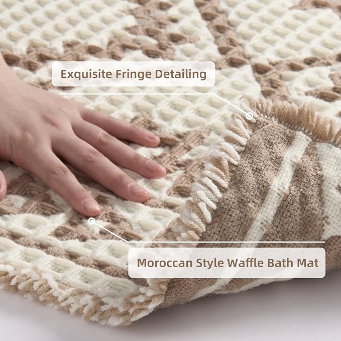 PADOOR-Waffle Bath Mat 24"x36"-Super Absorbent Bath Mats for Bathroom, Machine Washable Non Slip Bathroom Rug with Tassels, Soft Bathroom Mat for Laundry Room, Bedroom, Cream & Brown, 2'x 3'