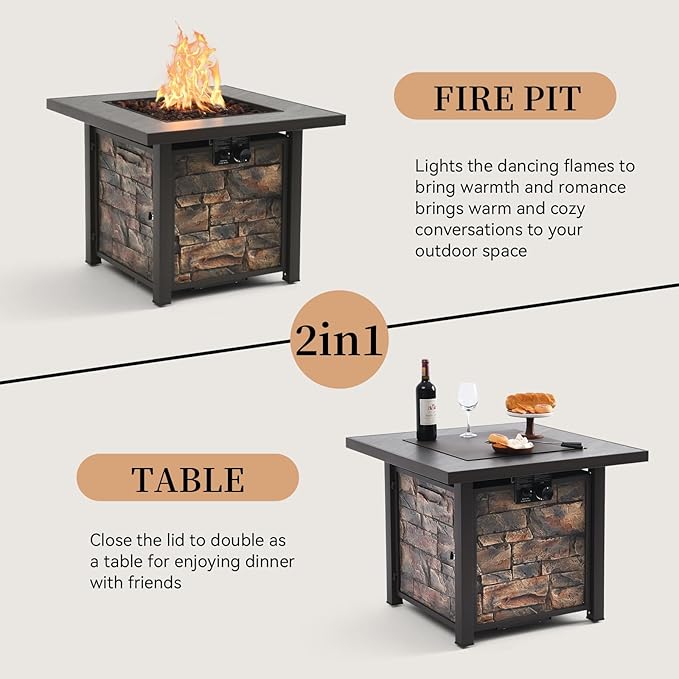 YATEMATE 32'' Propane Fire Pit Table for Outdoor, Sintered Stone Tabletop & Polyresin Stone-Look Panel, 50000 BTU Gas Fire Pit Table for Outside Patio and Garden, with Lava Rock & Metal Lid