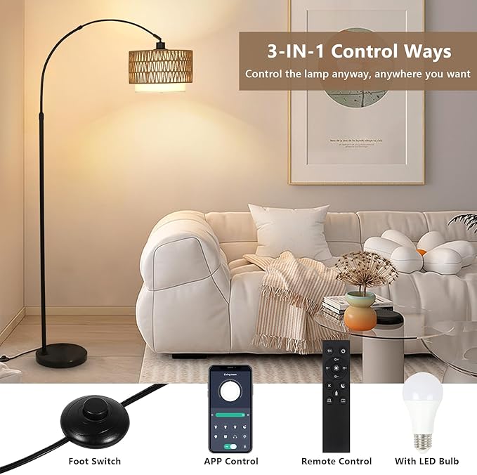 eyassi Arc Floor Lamp with Remote, Modern LED Floor Lamp with Dimmable Bulb, Boho Farmhouse Standing lamp with Fabric & Rattan Lampshades, Height Adjustable Black Tall Lamp for Living Room Bedroom