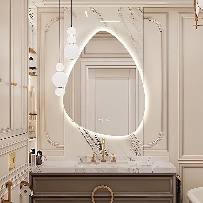 Niccy Irregular LED Bathroom Mirror, 28"x36" Asymmetrical Backlit Vanity Wall Mirrors, Frameless Lighted Mirrors for Bedroom, Living Room, Modern Smart-Mirror with Anti-Fog, Dimmable, Memory Function