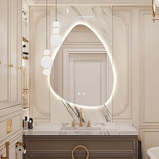 Niccy Irregular LED Bathroom Mirror, 28"x36" Asymmetrical Backlit Vanity Wall Mirrors, Frameless Lighted Mirrors for Bedroom, Living Room, Modern Smart-Mirror with Anti-Fog, Dimmable, Memory Function
