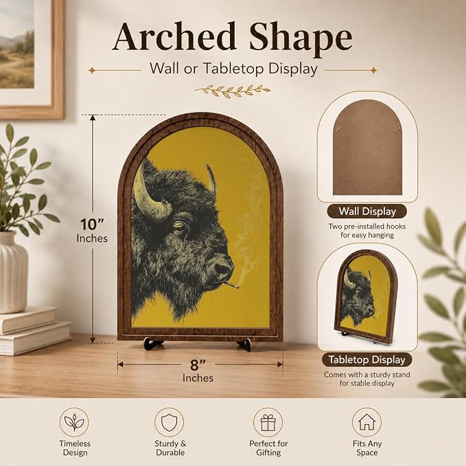 Rustic Home Wooden Frame Decor, Retro Whimsical Smoking Bison Framed Decor, Arched Wooden Frame with Stand, Vintage Buffalo Art Print, Funny Tabletop & Wall Accent for Living Room, Bedroom