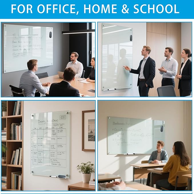 Glass Dry Erase White Board - 48"X36" Magnetic Whiteboard Large Frameless Boards with Super Strong Magnets for Office, School and Home Wall