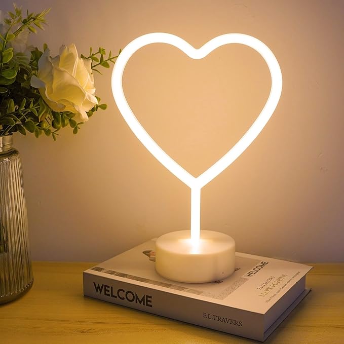 Warm White Heart Neon Sign, Valentines Day Neon Light Battery Operated or USB Powered Valentines Warm White Heart Lights, Table Lamp for Galentines Day Decorations, wedding, Gifts for Women, lover.