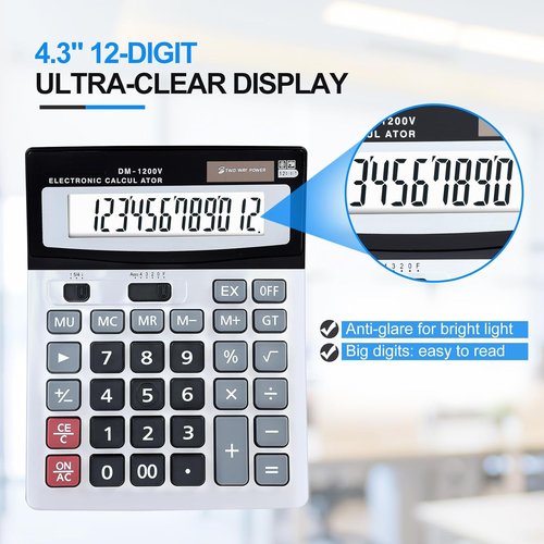 Desktop Calculator - 12-Digit with Extra Large LCD Display & Big Buttons for Office/School Use | Dual Power (Solar/Battery)