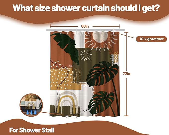Mid Century Modern Shower Curtain Boho Abstract Tropical Leaf Shower Curtains for Bathroom Decor Sets, Waterproof Cloth Fabric with Hooks, 60x72 Inch
