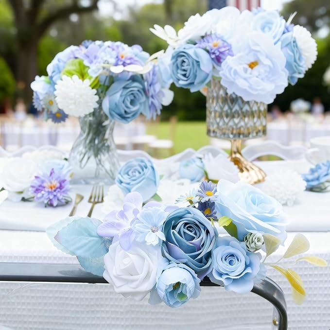 SwanMoon Artificial Flowers Combo Box Set, 26pcs Blue Silk Roses & Daisy with Stems for DIY Wedding Bouquets, Party Centerpieces & Home Decor
