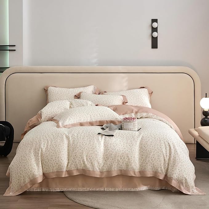 VM VOUGEMARKET Girls Pink Flower Leaves Duvet Cover Set Queen Princess Lace Bedding Set Cooling Silky Lyocell Duvet Cover with Zipper Closure-Blush Pink,90x90 Inch